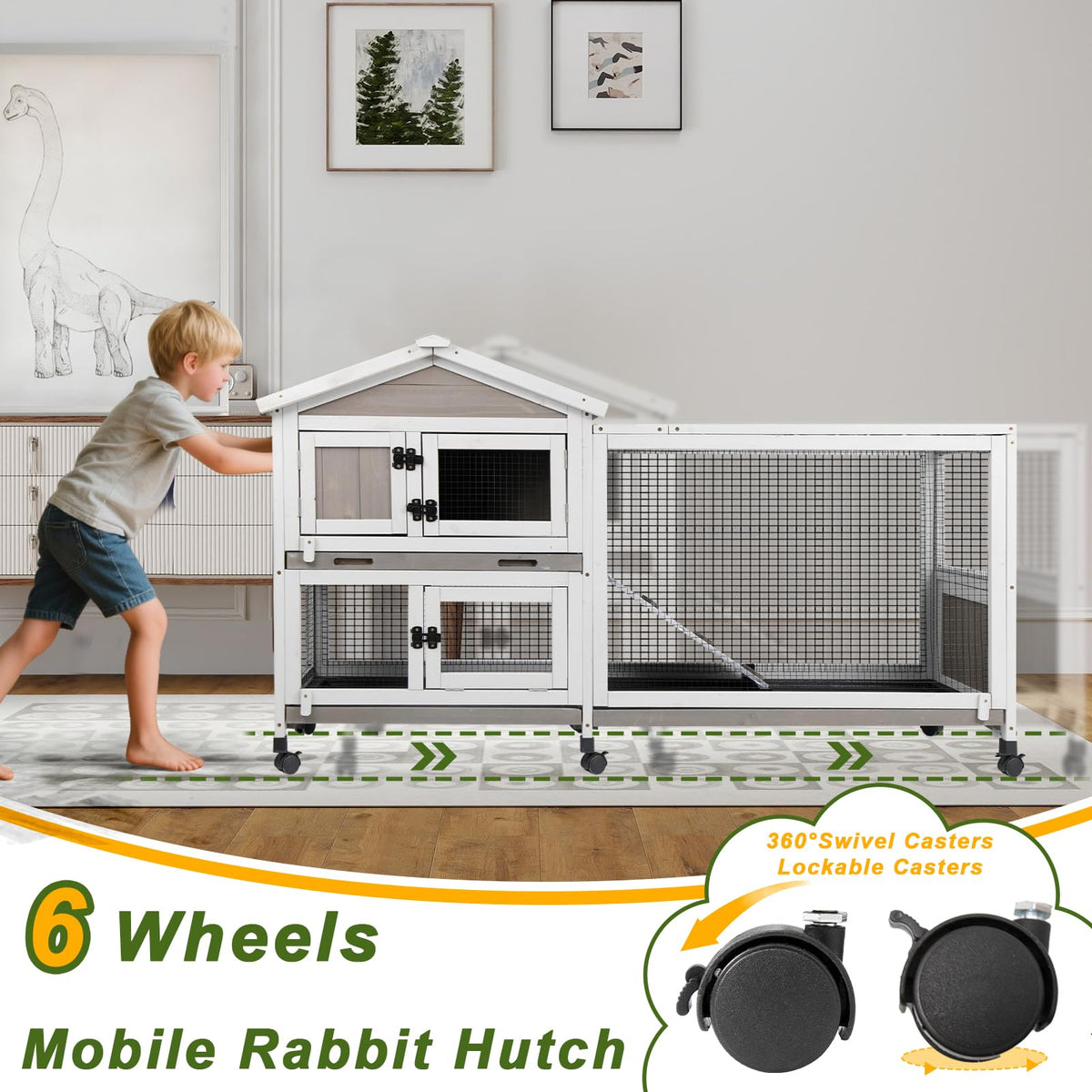 Large Rabbit Hutch with Run 2-Story Bunny Cage 6 Wheels T137343