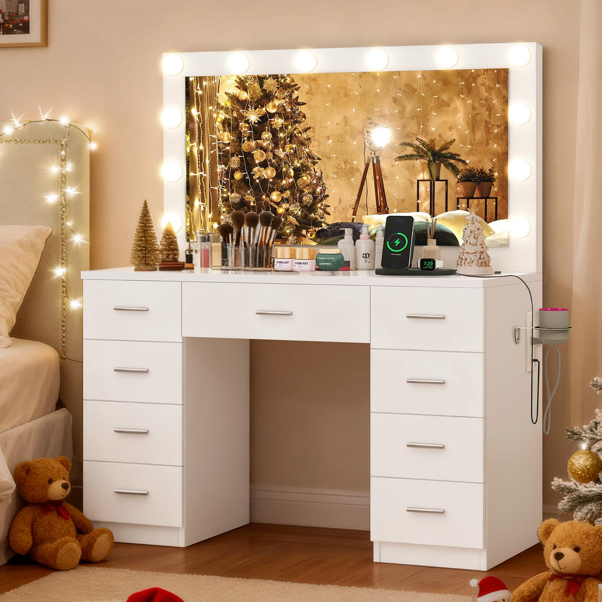 White Vanity Desk with Lighted Mirror and 9 Drawers X8015