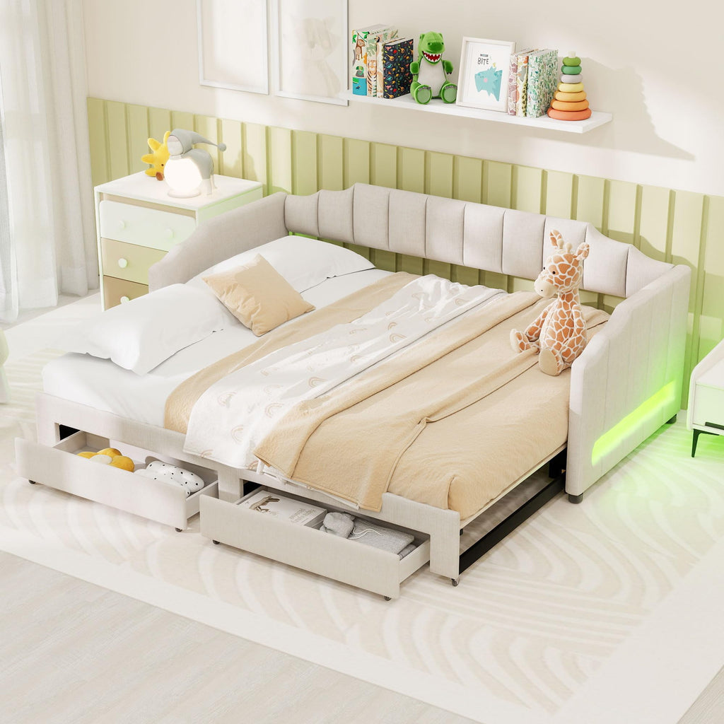 Twin XL to King Extendable Upholstered Daybed Frame with 2 Storage Drawers V167
