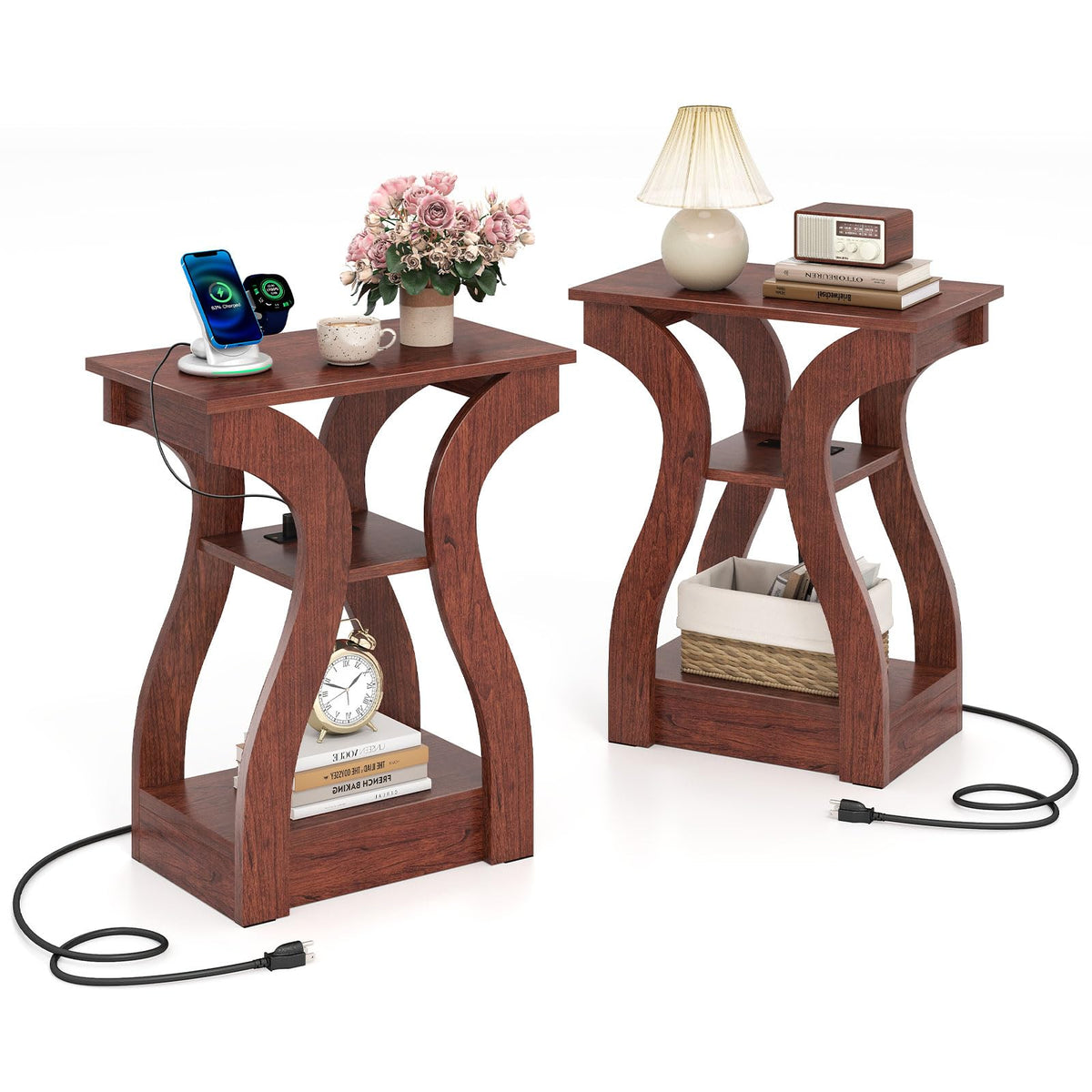 Narrow End Tables Set of 2 Wood with Charging Station F796