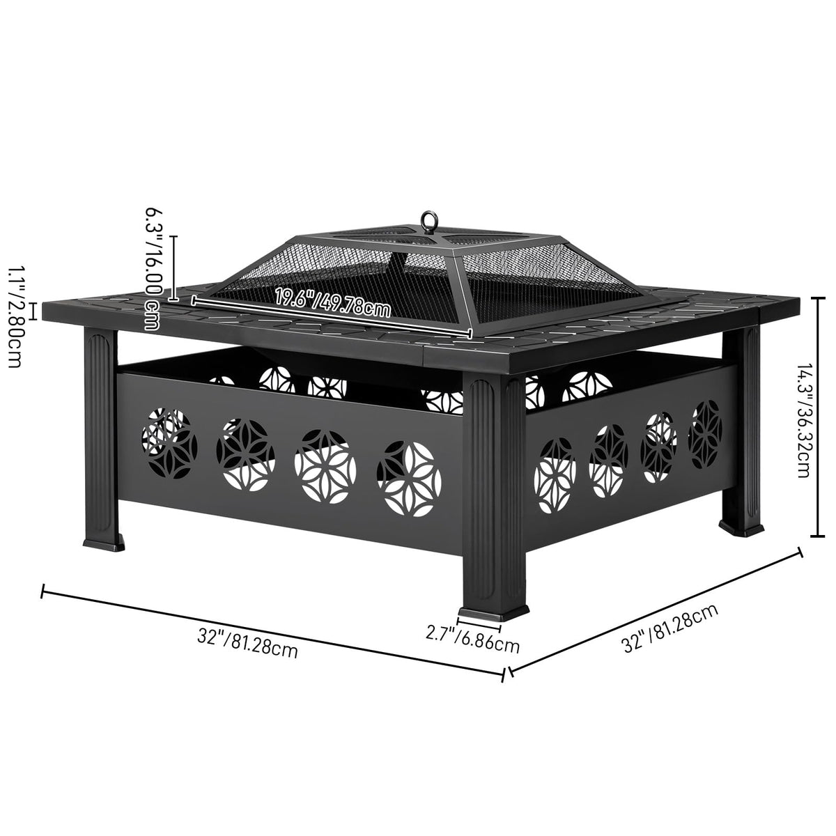 32 Inch Square Wood Burning Fire Pit Table with Spark Screen Lid and Fire Poker T229492