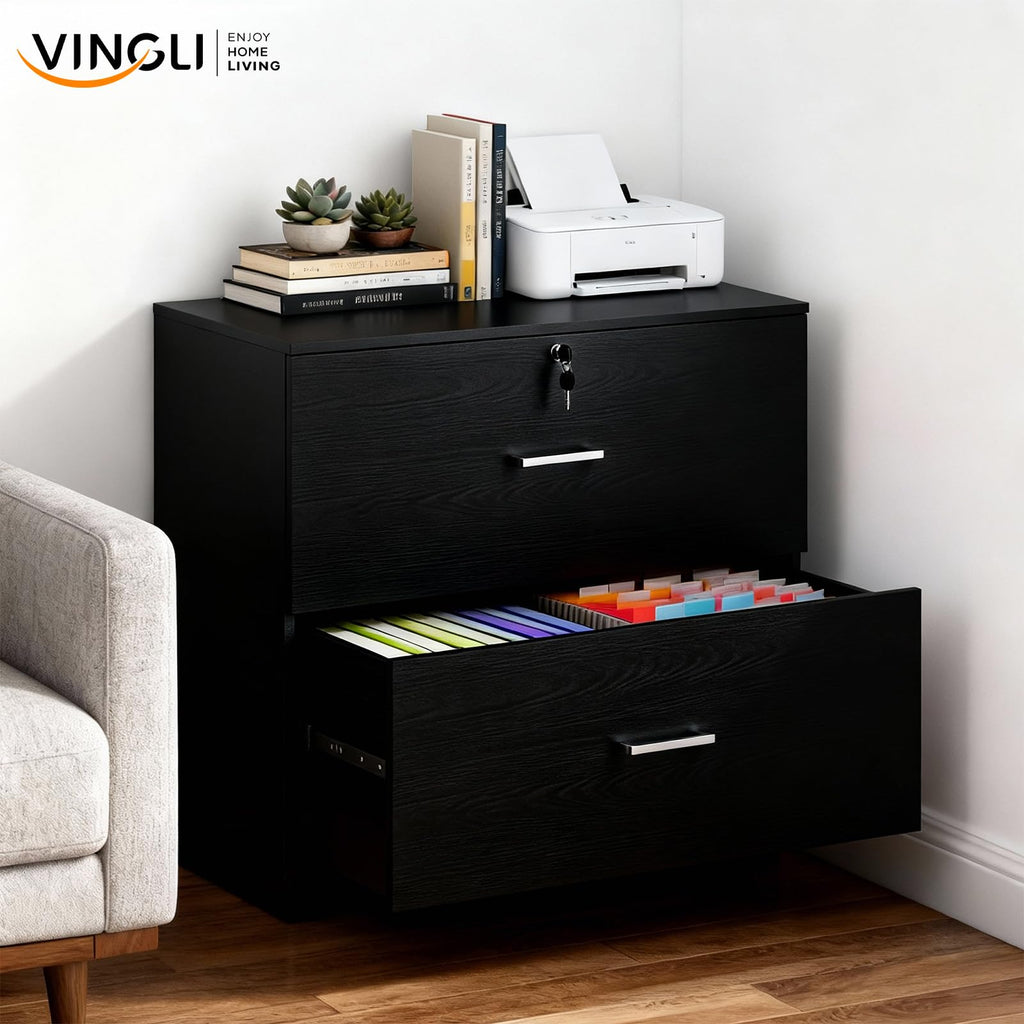 Black 2 Drawer Wood Lateral File Cabinet with Lock M255261