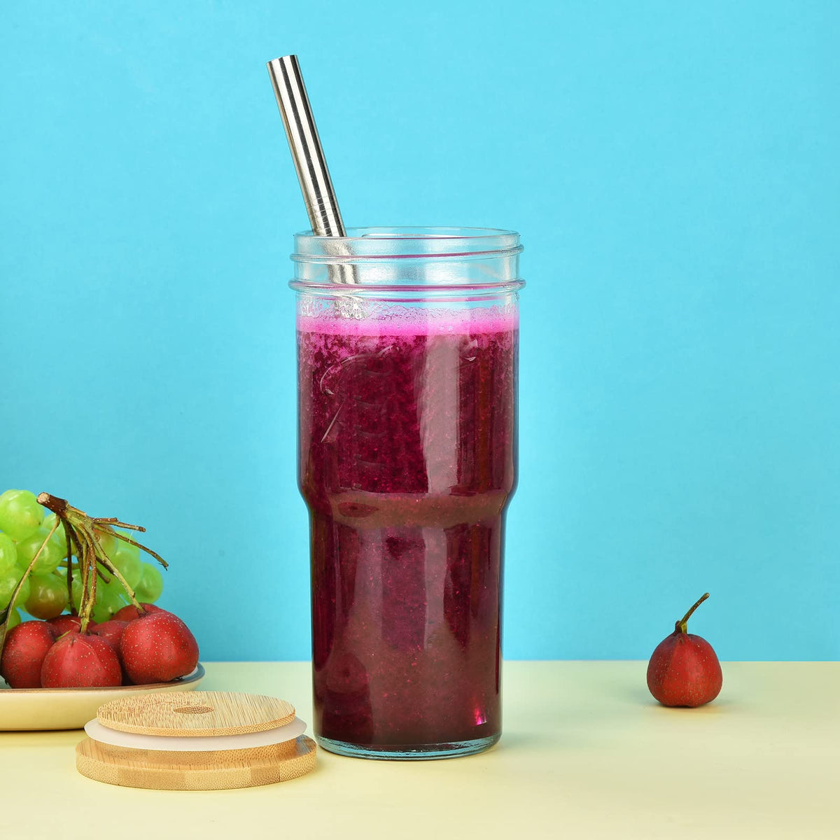 4-Pack 24 OZ Glass Cups with Bamboo Lids and Straws J717