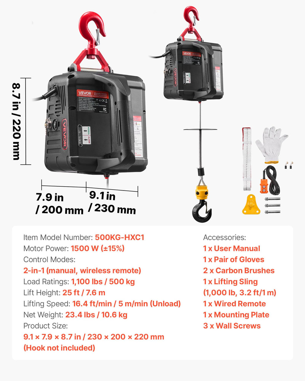 1100 lbs 1500W Electric Hoist Winch with Wired Remote Control C144644
