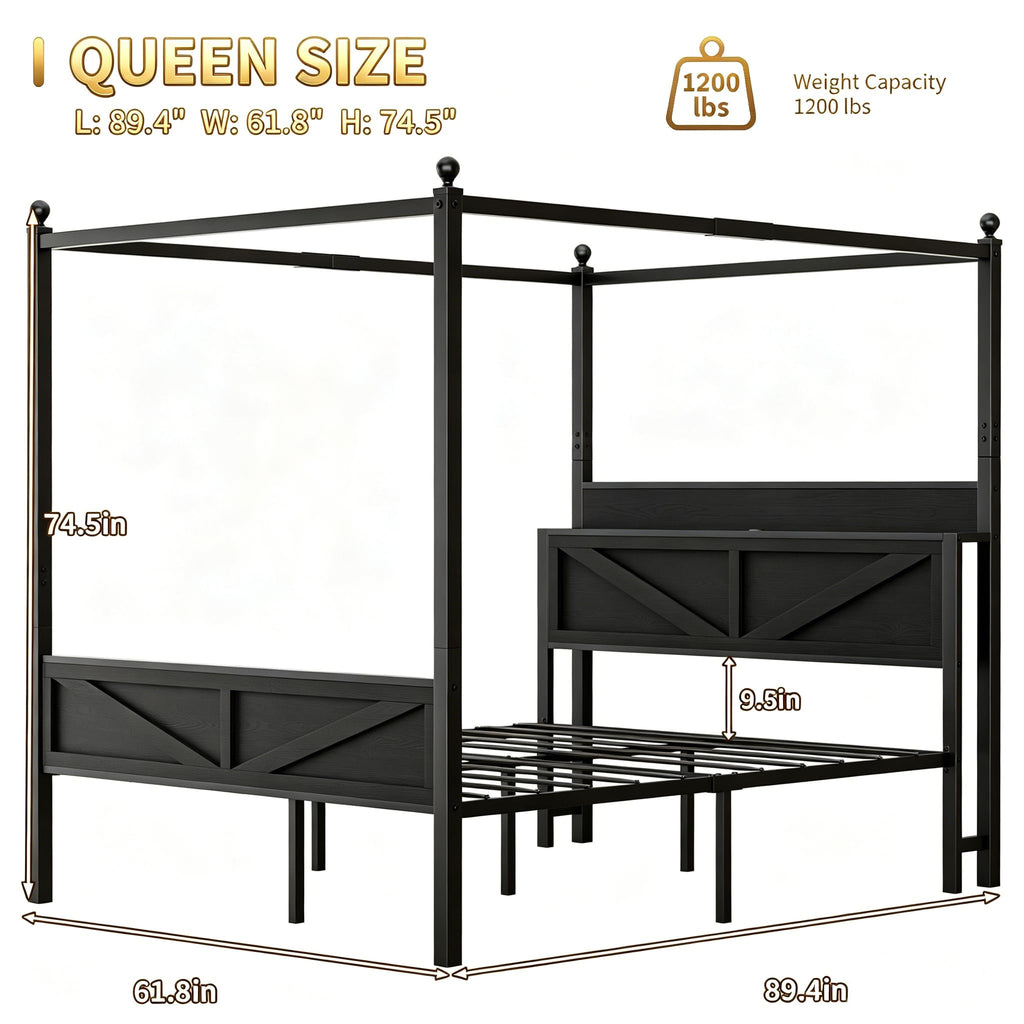 Queen Size Metal Canopy Bed Frame with Storage Headboard F140