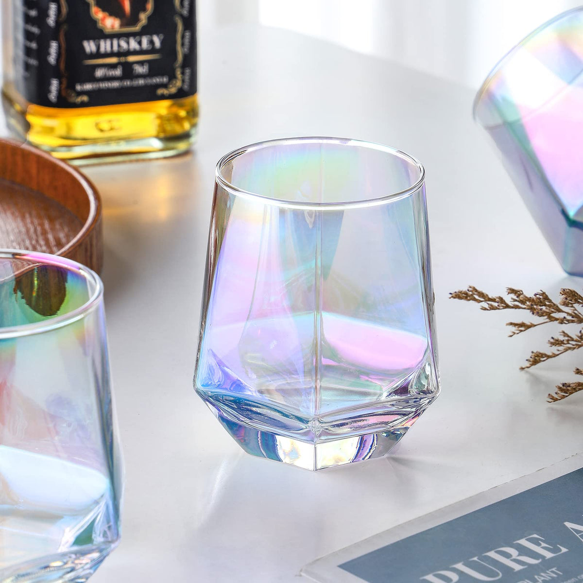 Stemless Wine Glasses Set of 6, 10 Oz Iridescent Diamond Shaped Glassware T219188