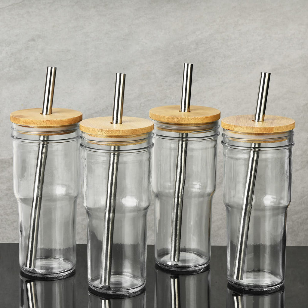 4-Pack 24 OZ Glass Cups with Bamboo Lids and Straws J717
