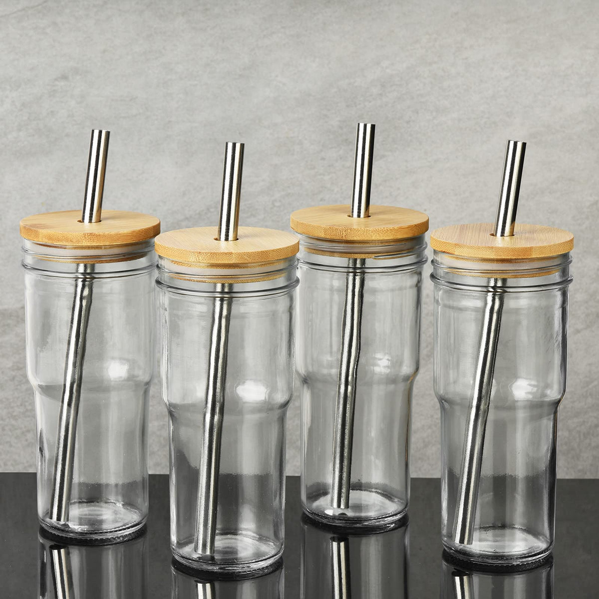 4-Pack 24 OZ Glass Cups with Bamboo Lids and Straws J717