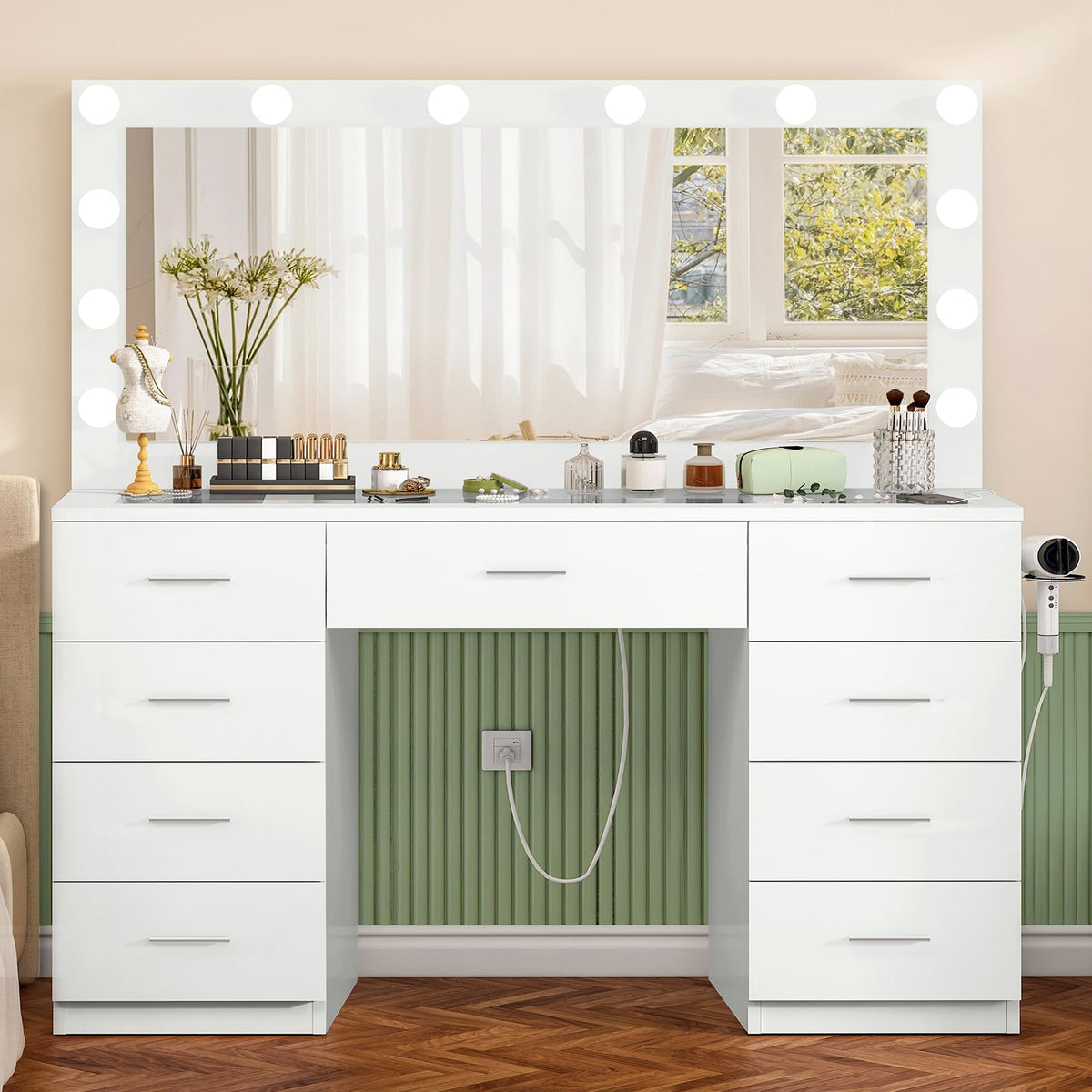 White Vanity Desk with Lighted Mirror and 9 Drawers X8015