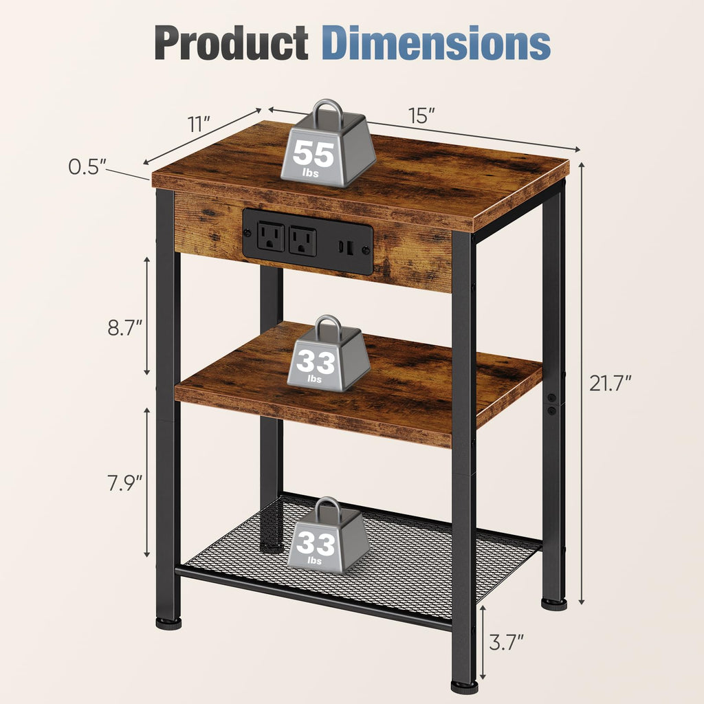 Nightstand with Charging Station, 3-Tier Bedside Table G457358