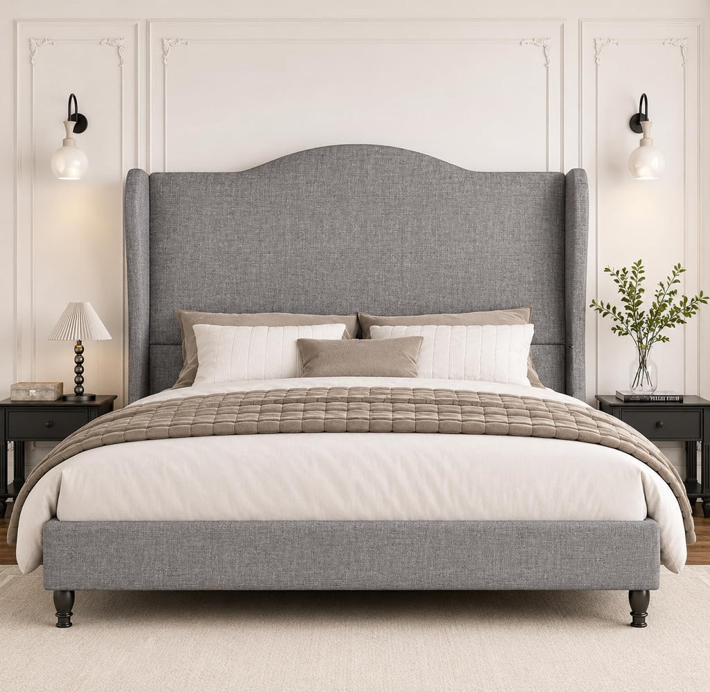 Queen Size Light Grey Upholstered Headboard Bed Frame S90842