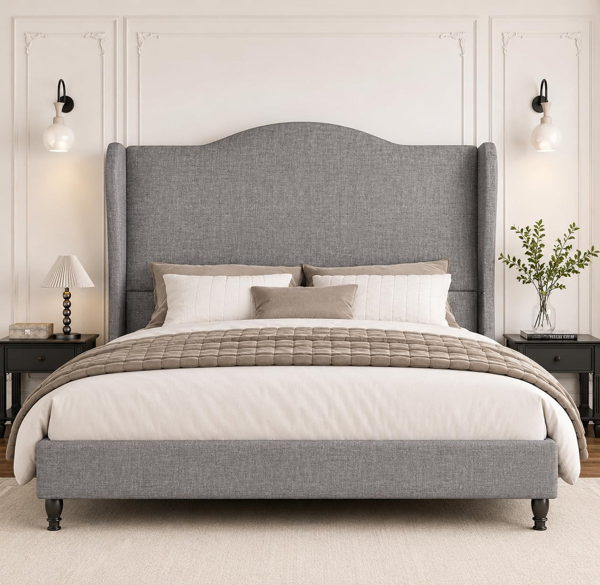 Queen Size Light Grey Upholstered Headboard Bed Frame S90842