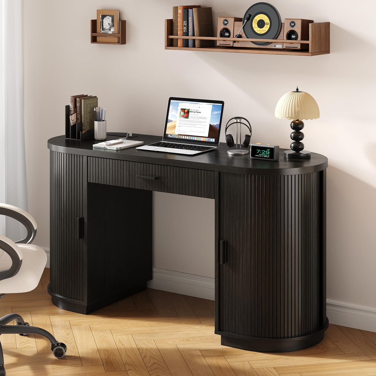 58" Fluted Executive Desk with Storage Drawer, Black V13300