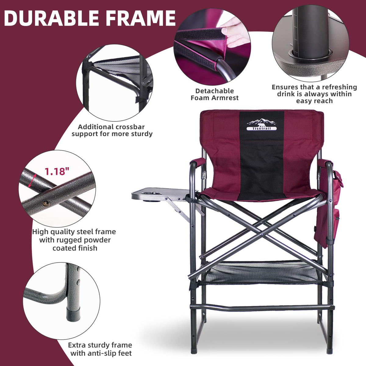 Wine Red Black Bar Height Folding Chair with Side Table N55558