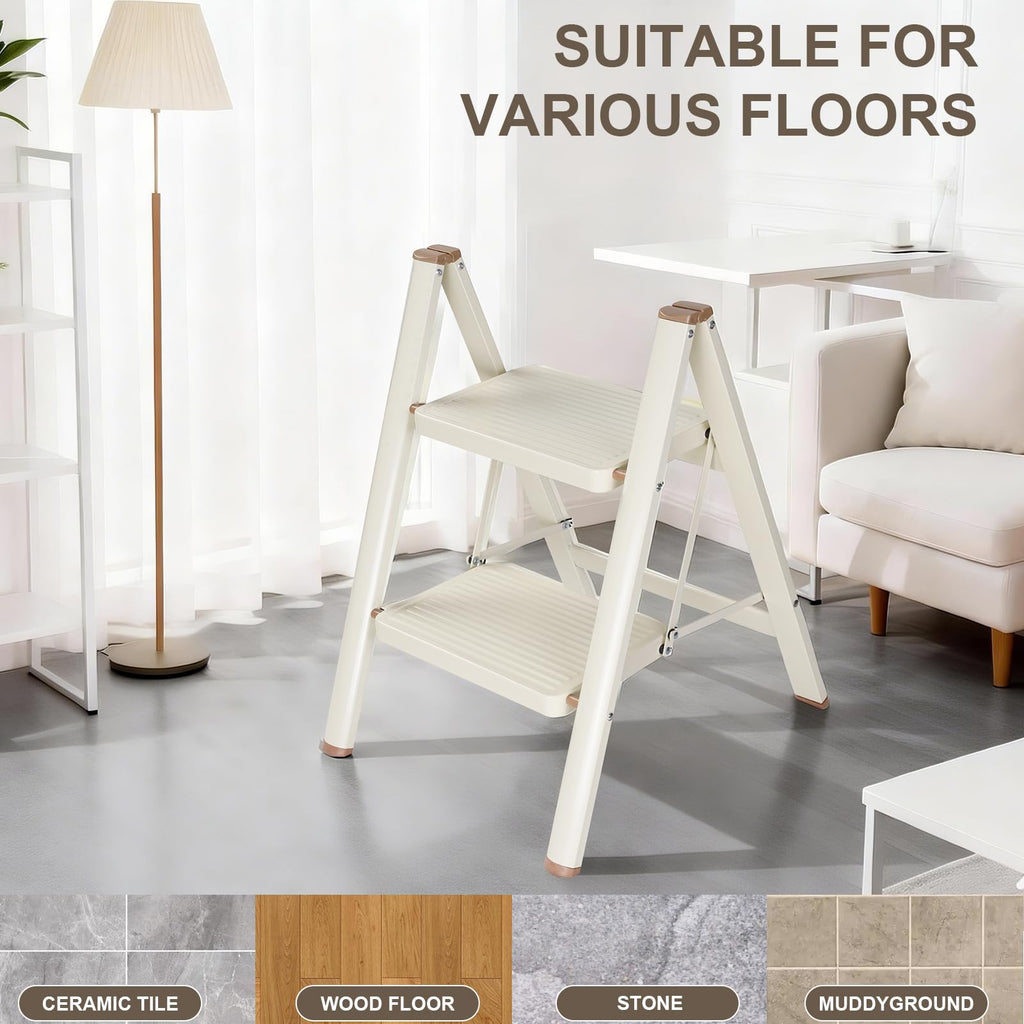 2 Step Ladder Folding Step Stool with Anti-Slip Pedal 330LBS Capacity Cream White P602527