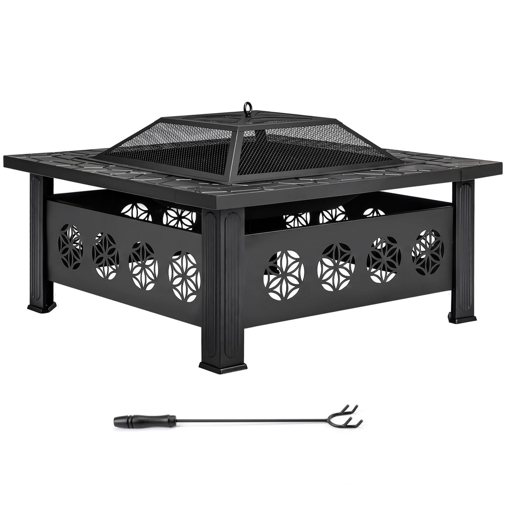 32 Inch Square Wood Burning Fire Pit Table with Spark Screen Lid and Fire Poker T229492