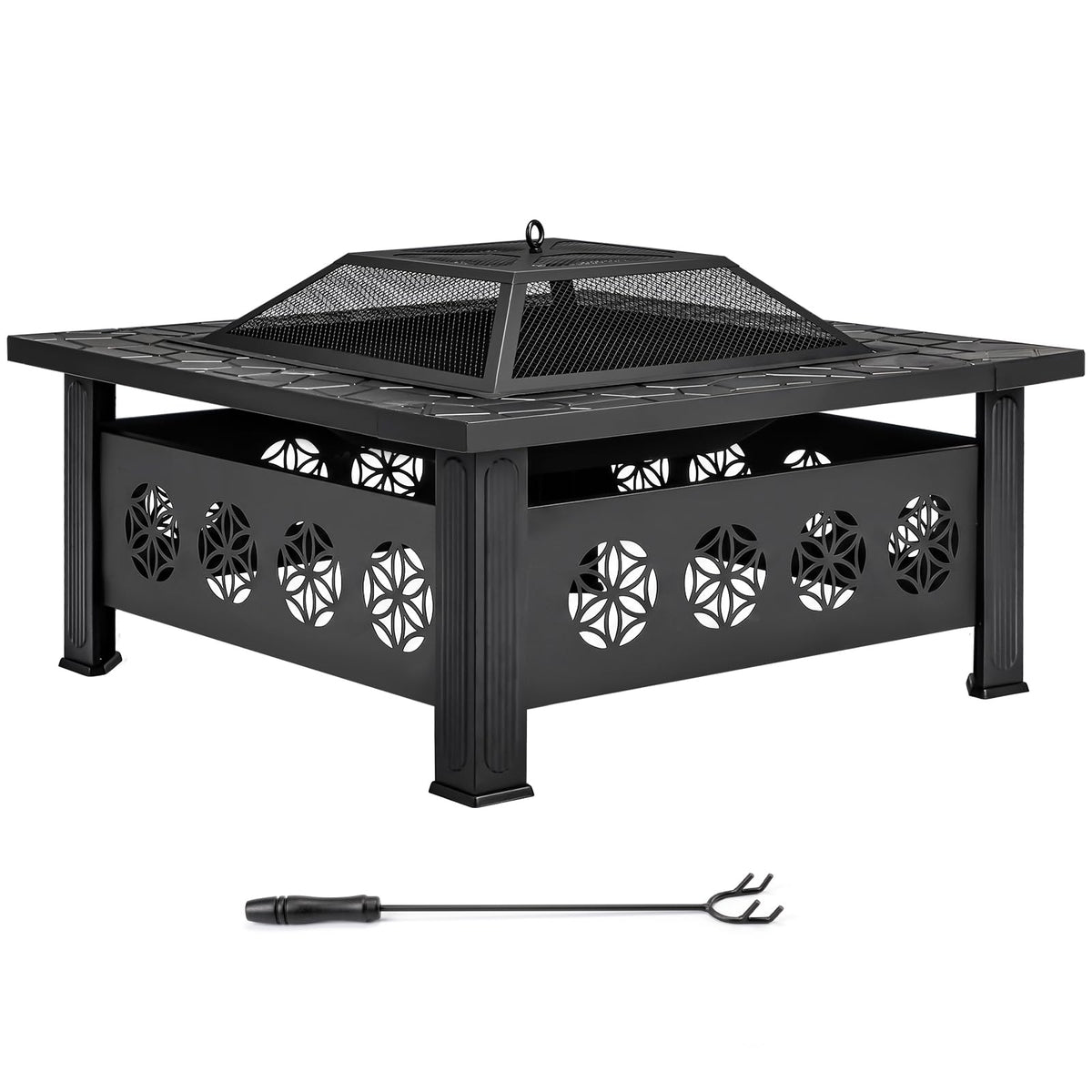 32 Inch Square Wood Burning Fire Pit Table with Spark Screen Lid and Fire Poker T229492