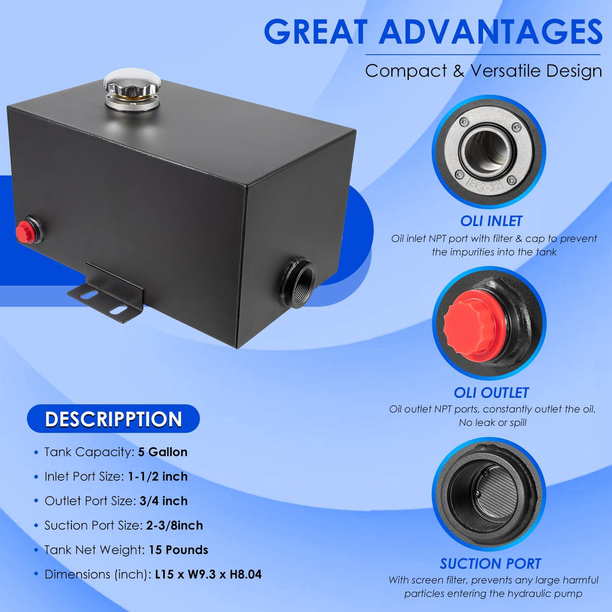 5 Gallon Hydraulic Fluid Reservoir Tank 14 Gauge Steel R4831