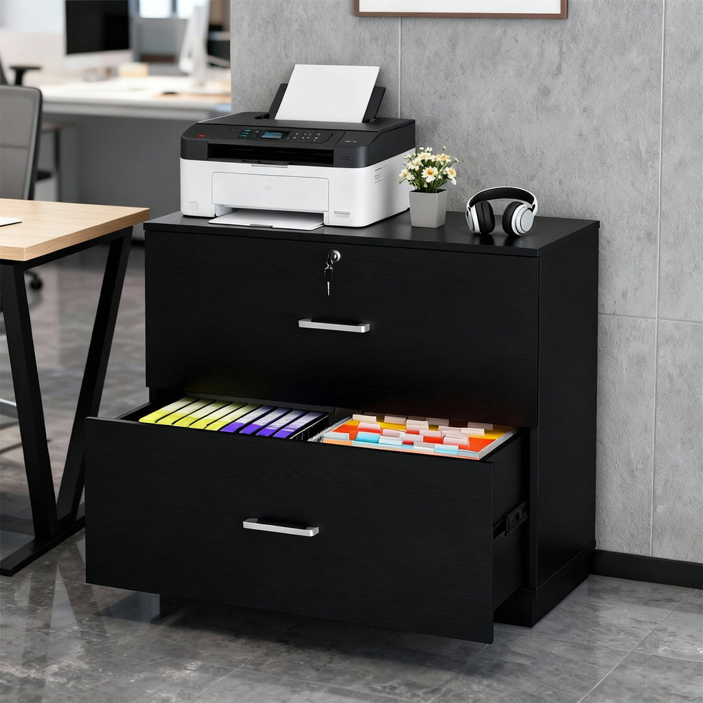 Black 2 Drawer Wood Lateral File Cabinet with Lock M255261