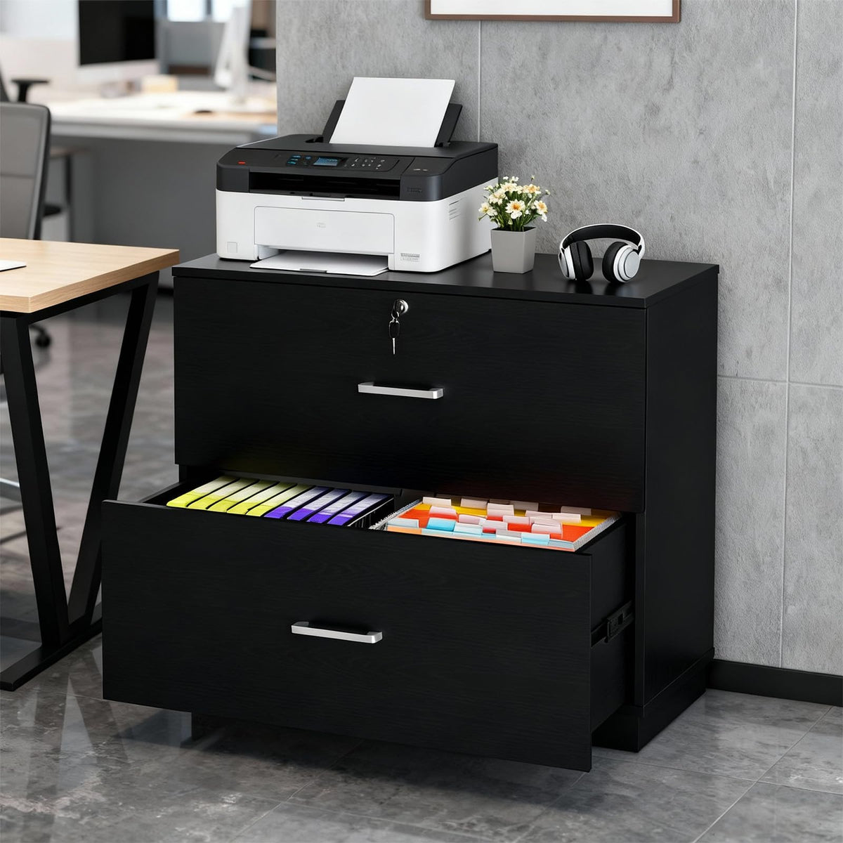 Black 2 Drawer Wood Lateral File Cabinet with Lock M255261