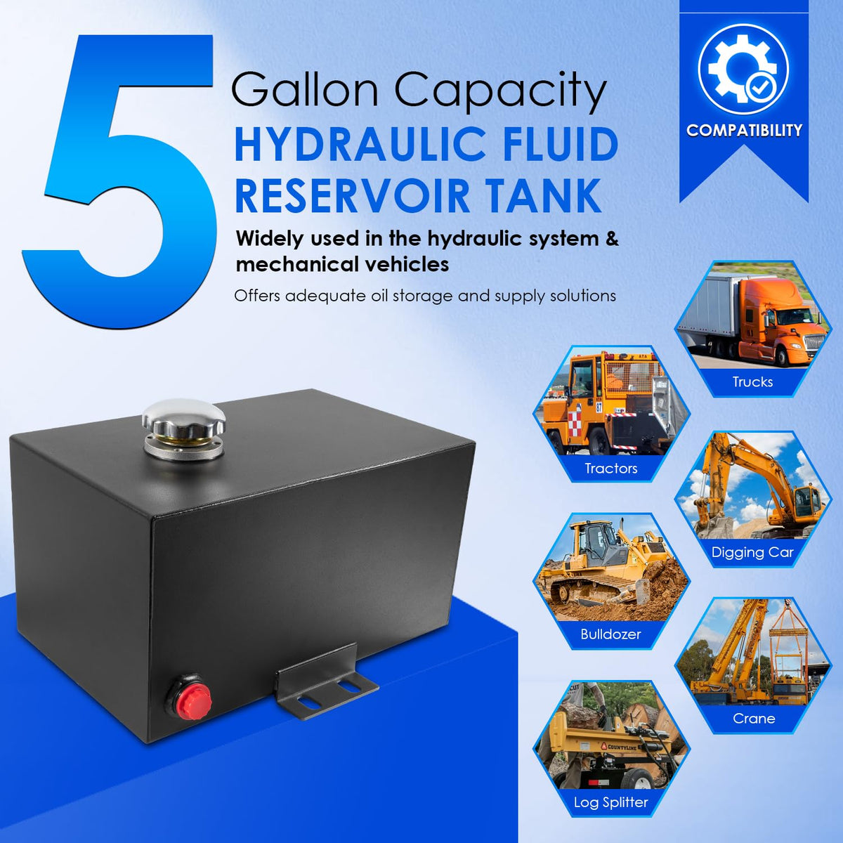 5 Gallon Hydraulic Fluid Reservoir Tank 14 Gauge Steel R4831