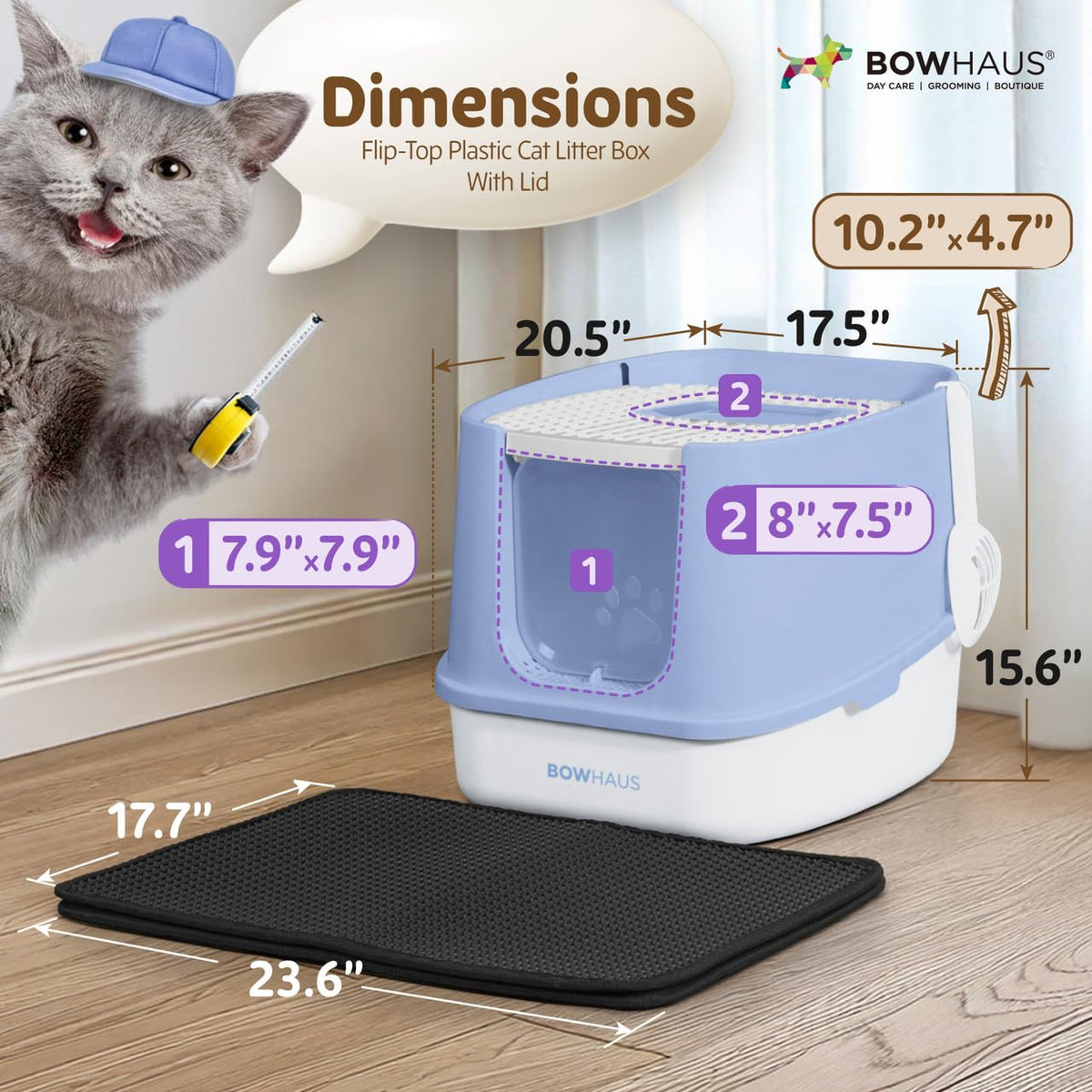 Fully Enclosed Cat Litter Box with Lid, Scoop, Mat, Double Door, Blue V43789