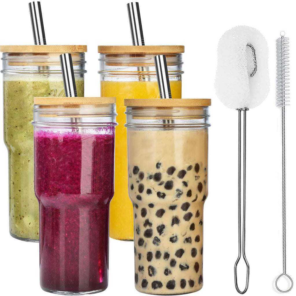 4-Pack 24 OZ Glass Cups with Bamboo Lids and Straws J717