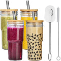 4-Pack 24 OZ Glass Cups with Bamboo Lids and Straws J717