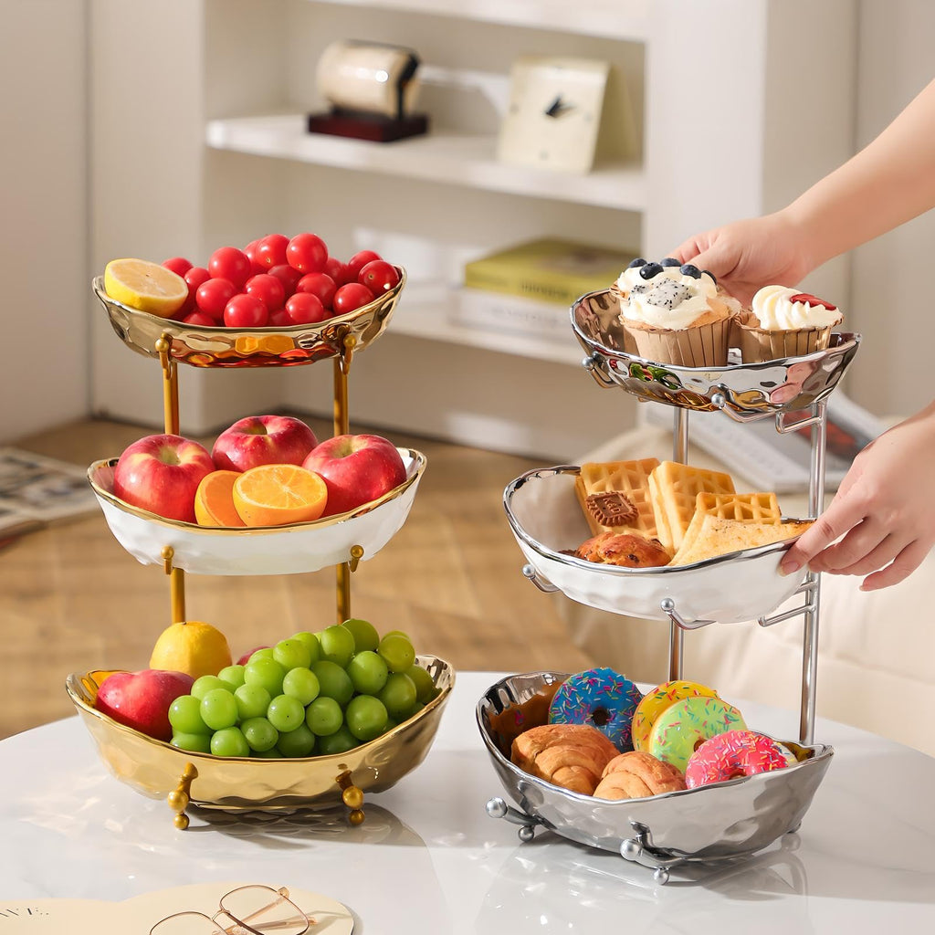 3 Tier Ceramic Fruit Bowl with Metal Stand N839