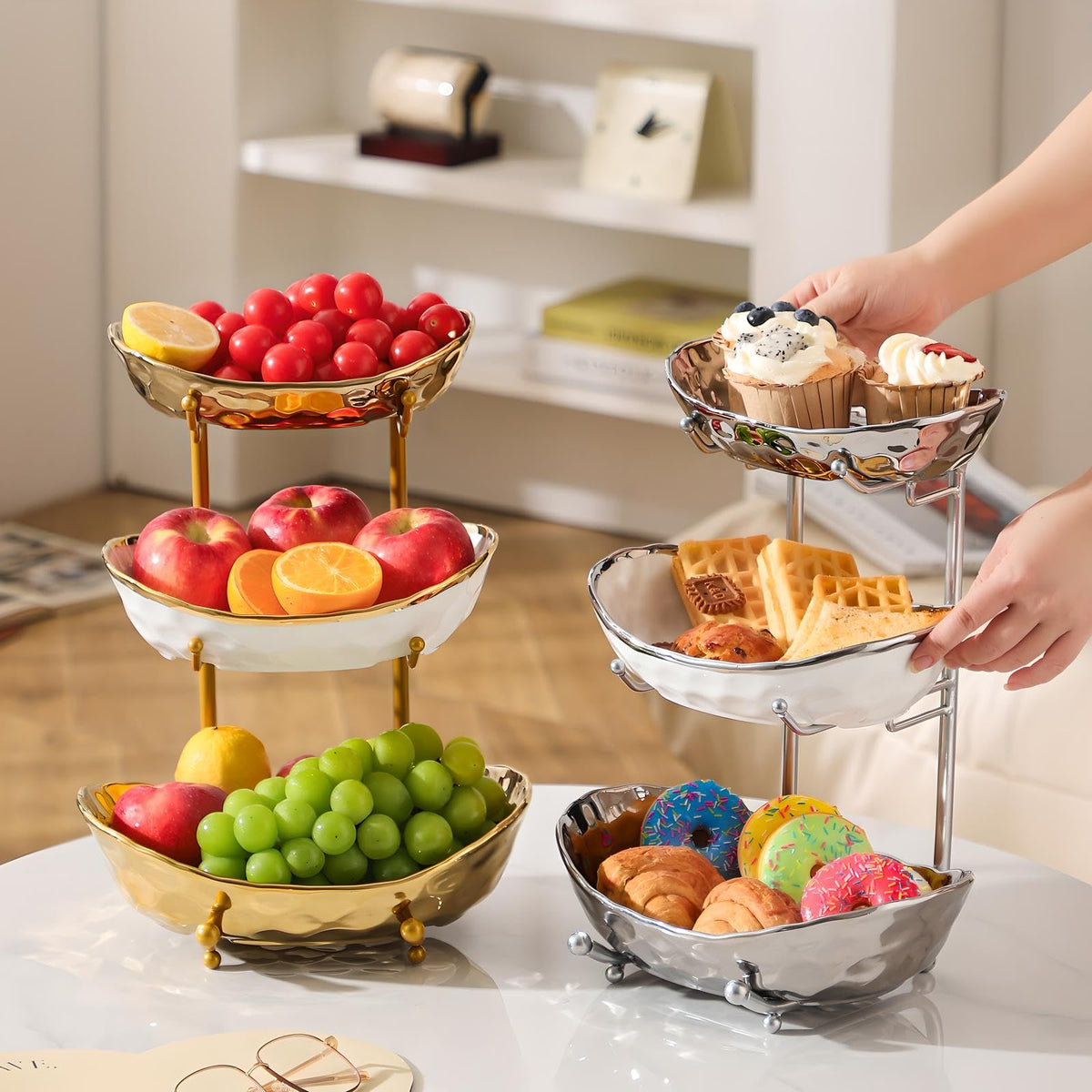 3 Tier Ceramic Fruit Bowl with Metal Stand N839