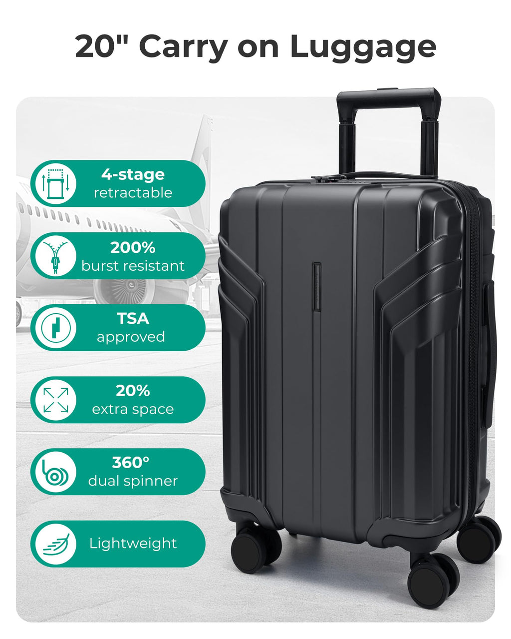 Expandable Carry On Luggage 22x14x9 Black J34171