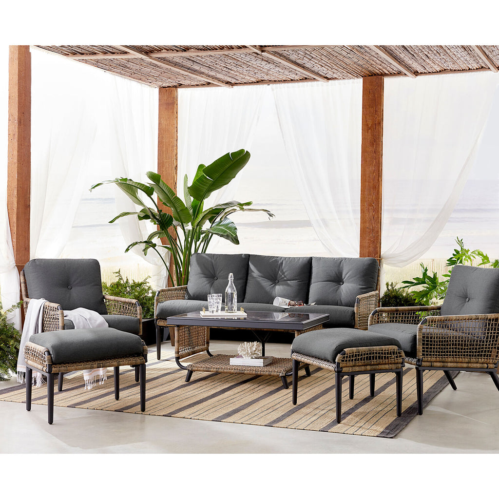 6-Piece Modern Outdoor Chat Set with Open Weave Wicker Sofa, 2 Side Chairs, 2 Ottomans, and Glass Top Coffee Table with Charcoal Plush Cushions R369855