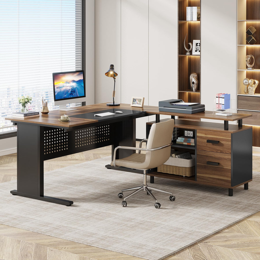 63 Inch L Shaped Computer Desk with File Cabinet and Storage Shelves X399720