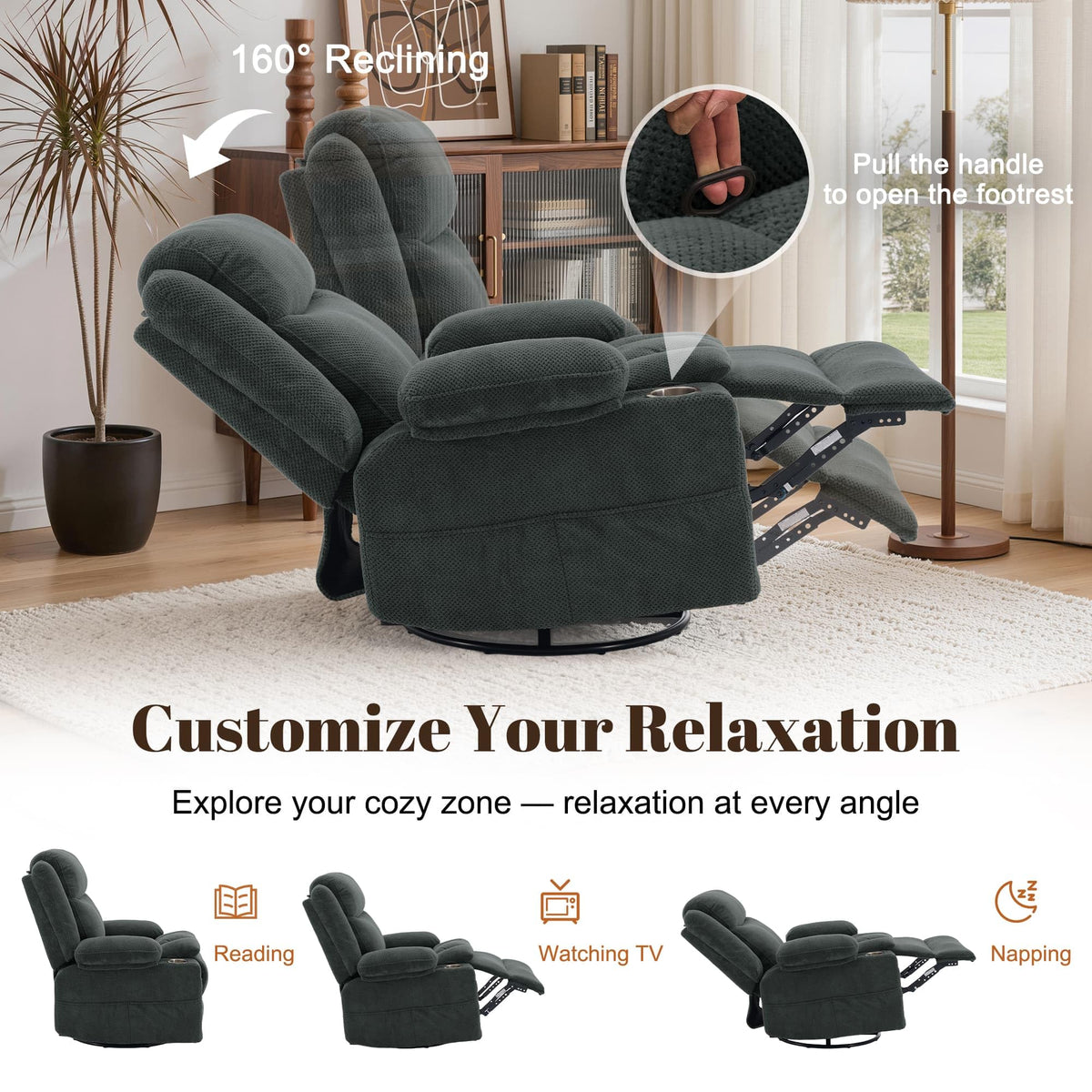 Gray Swivel Rocker Recliner with Massage & Heat B8283