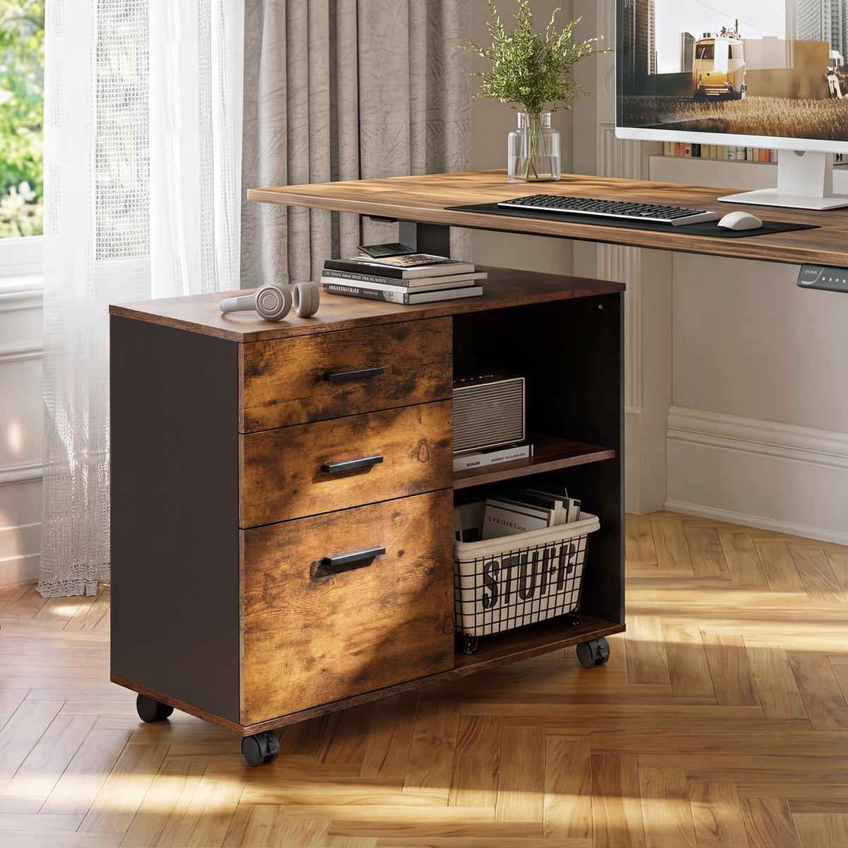 3 Drawer Wood File Cabinet with Storage Shelf F4484
