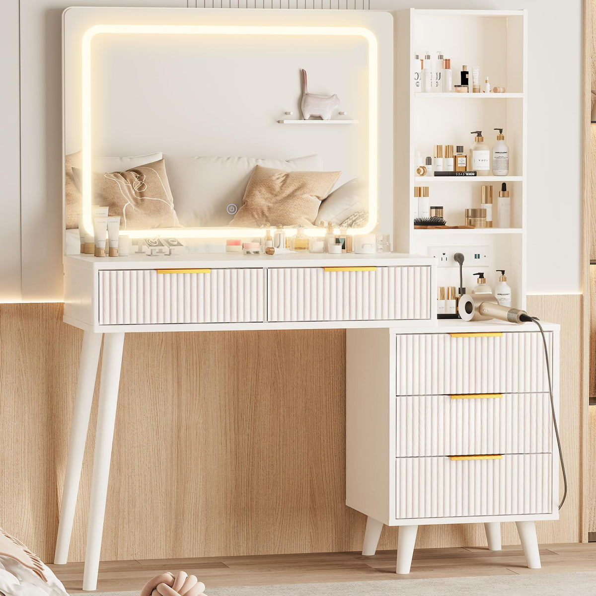 Vanity Desk with Mirror and Lights, 5 Drawers Storage Shelves, 3 Color Modes V125386