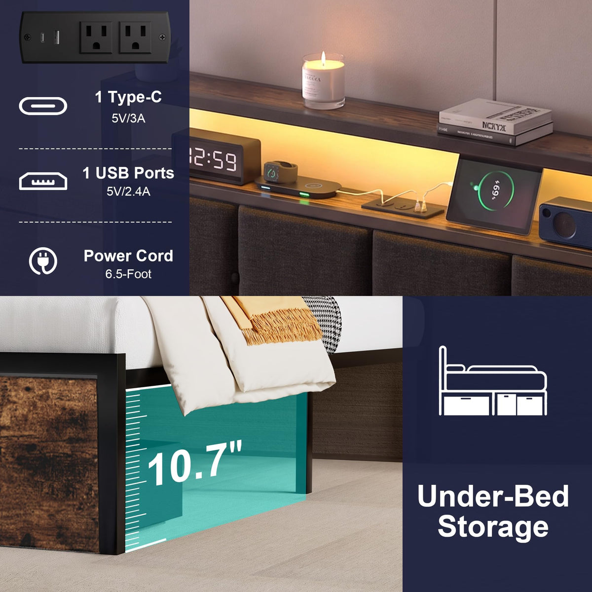 Full Bed Frame with Storage Drawers and LED Lights C199