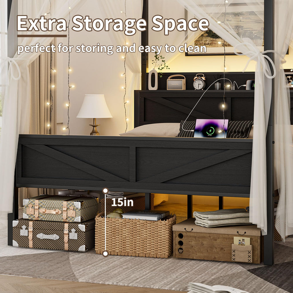 Queen Size Metal Canopy Bed Frame with Storage Headboard F140