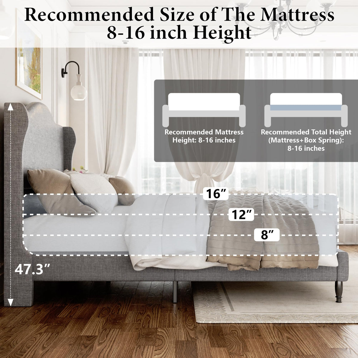 Queen Size Light Grey Upholstered Headboard Bed Frame S90842