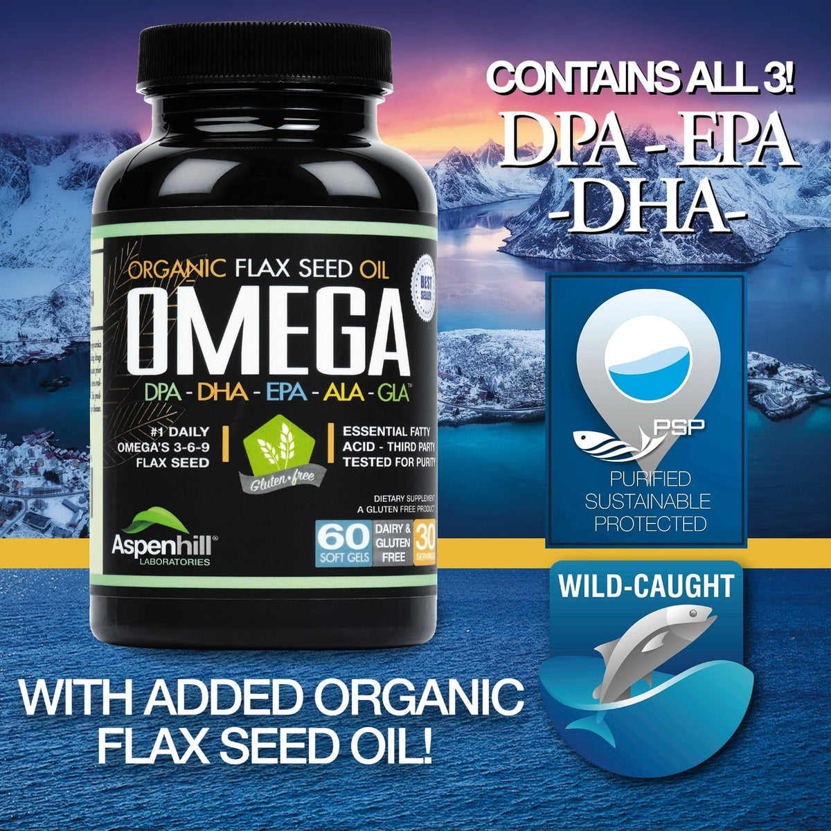 Wild Caught Omega 3 Fish Oil 2400 mg 60 SoftGels W426