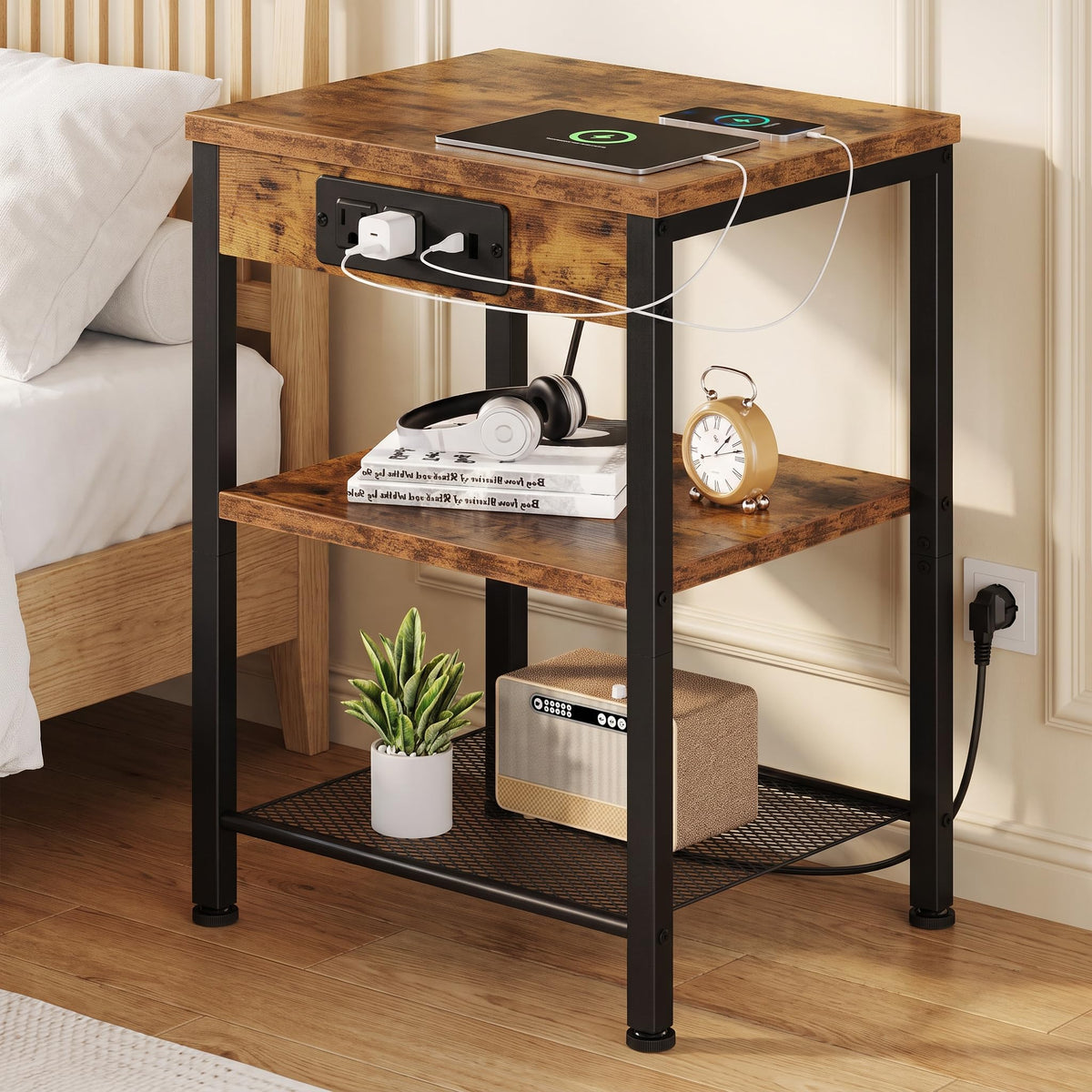 Nightstand with Charging Station, 3-Tier Bedside Table G457358