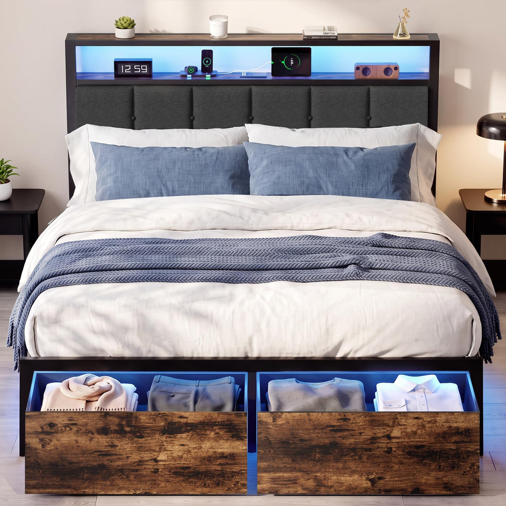 Full Bed Frame with Storage Drawers and LED Lights C199