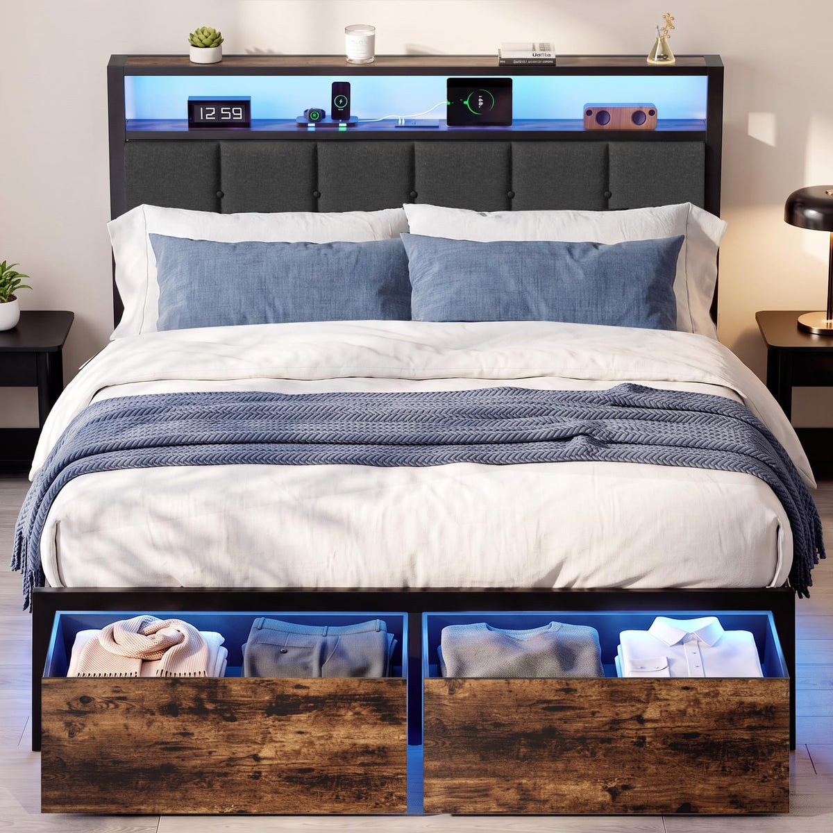 Full Bed Frame with Storage Drawers and LED Lights C199