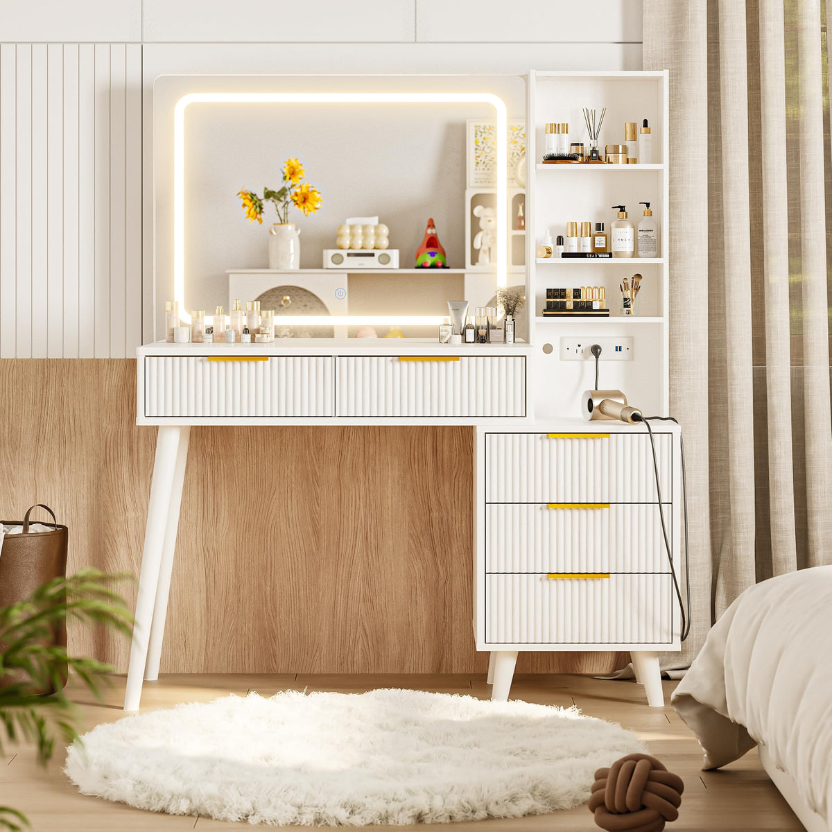 Vanity Desk with Mirror and Lights, 5 Drawers Storage Shelves, 3 Color Modes V125386
