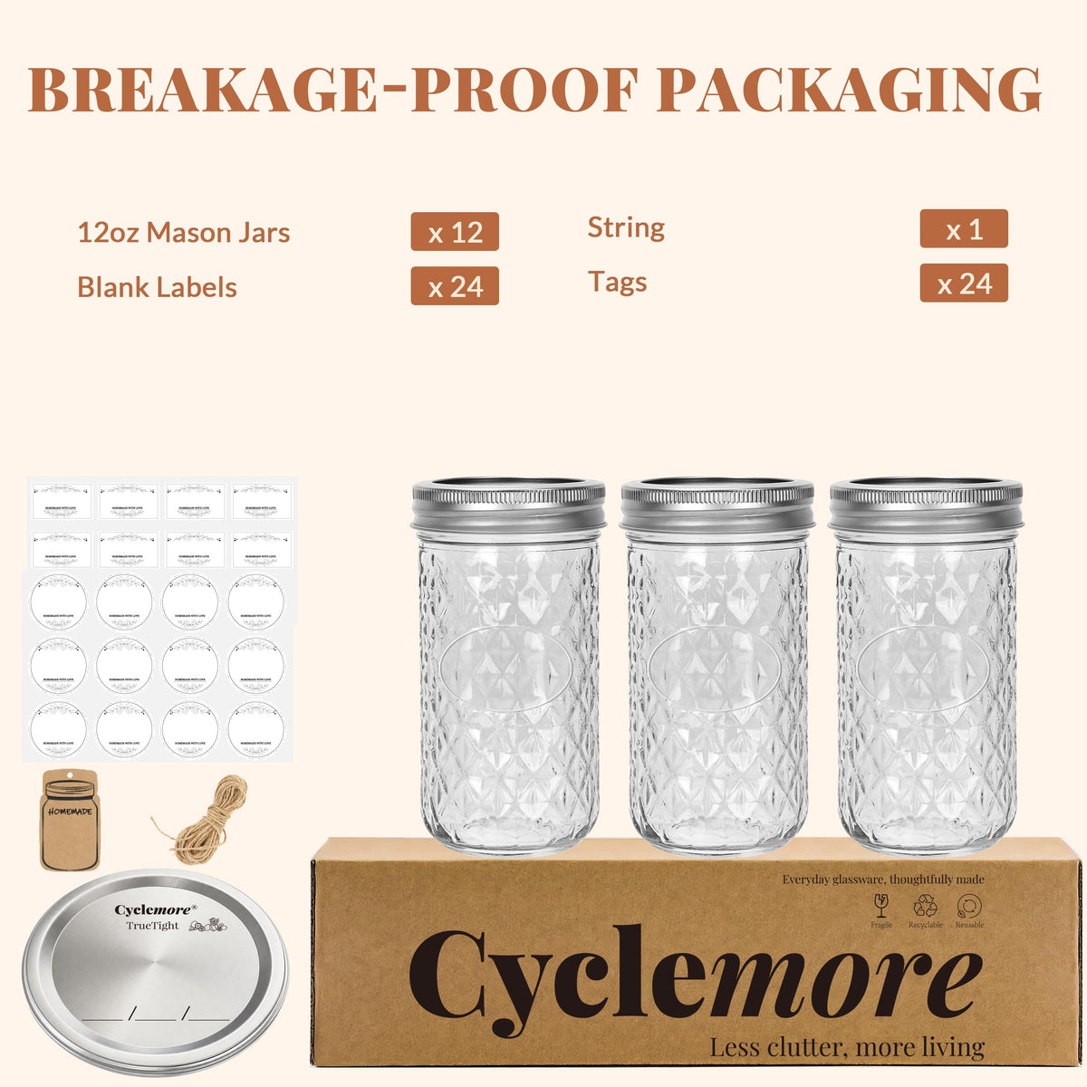 12 Pack 12oz Regular Mouth Glass Jars With Lids O18179