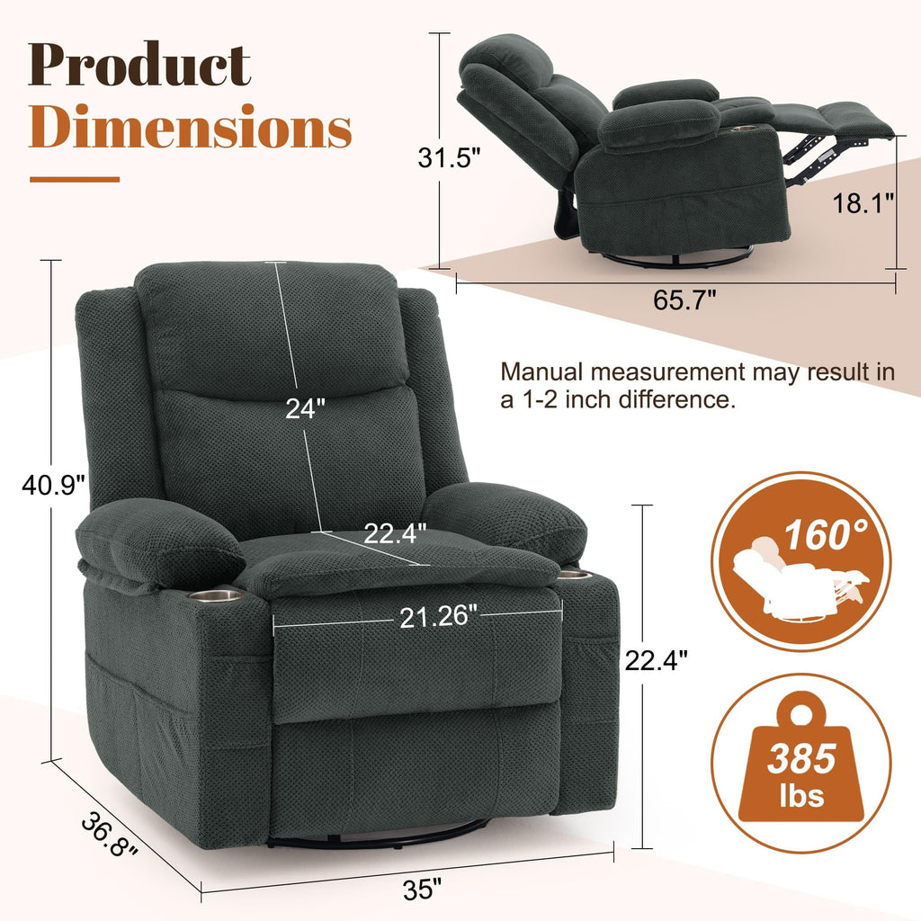 Gray Swivel Rocker Recliner with Massage & Heat B8283