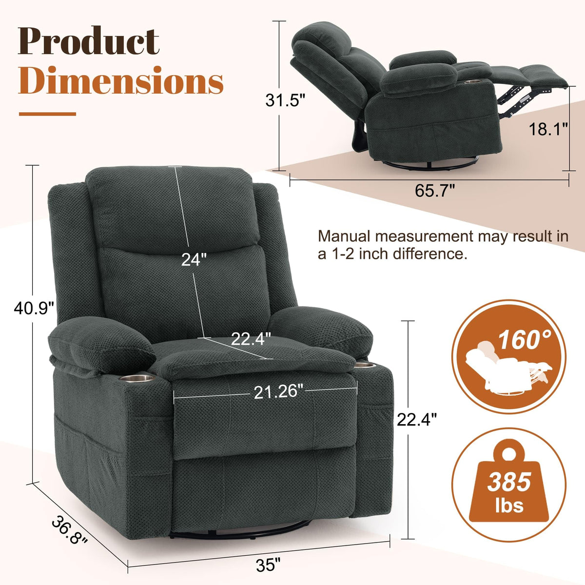 Gray Swivel Rocker Recliner with Massage & Heat B8283