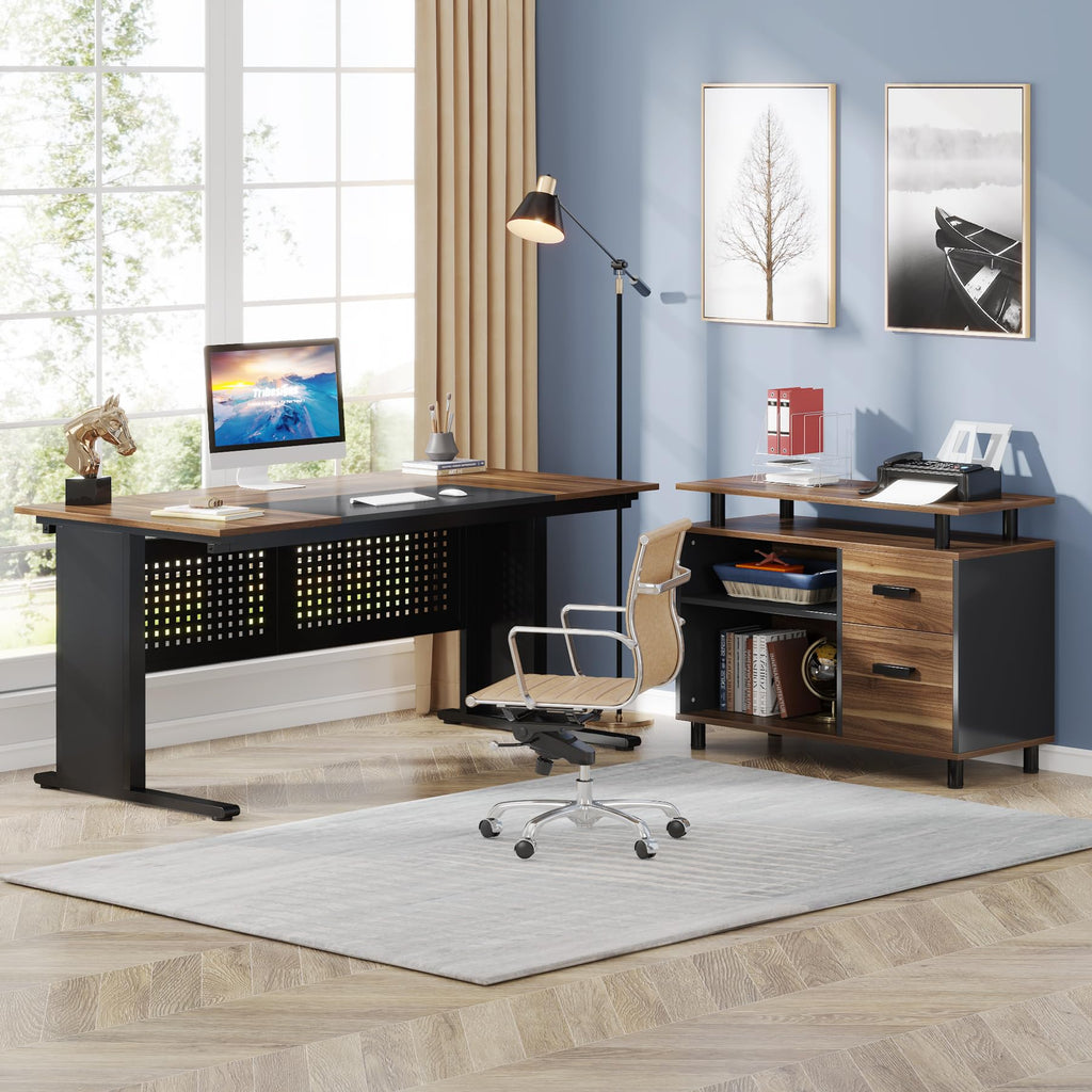 63 Inch L Shaped Computer Desk with File Cabinet and Storage Shelves X399720