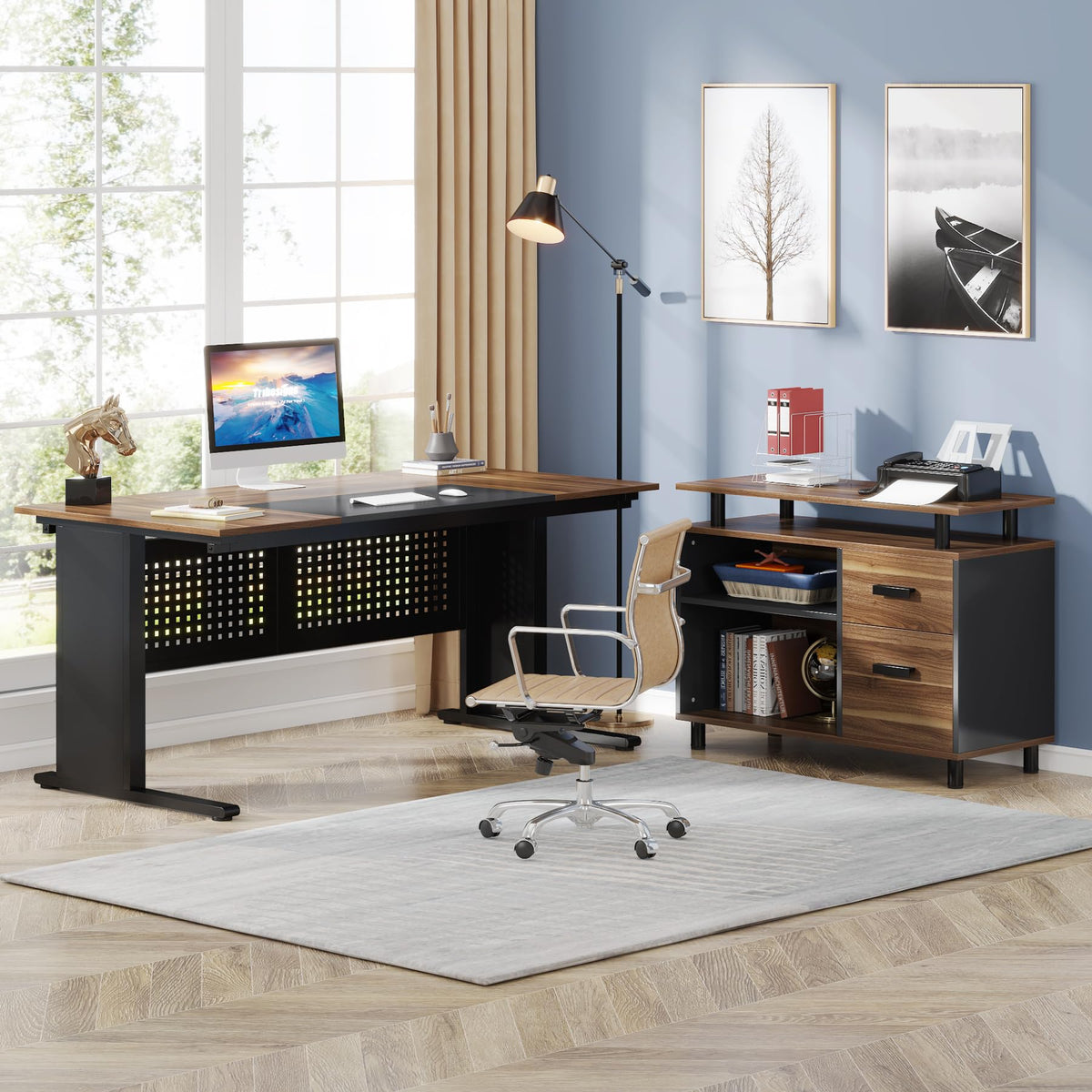 63 Inch L Shaped Computer Desk with File Cabinet and Storage Shelves X399720