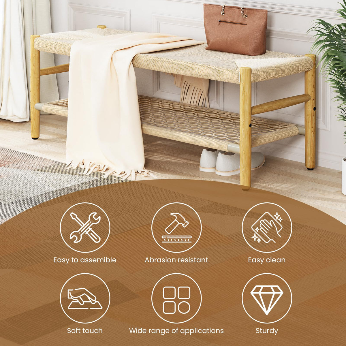 Indoor Entryway Bench with Storage Rack and Rubber Wood Legs I779
